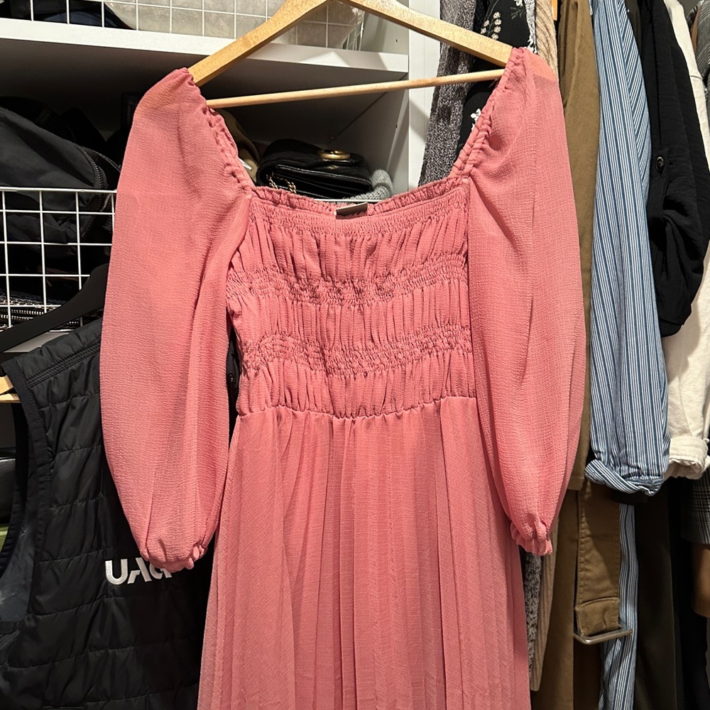 ASOS Pink Midi Dress with Smocked Bodice and Puff Sleeves - Picture 7 of 9